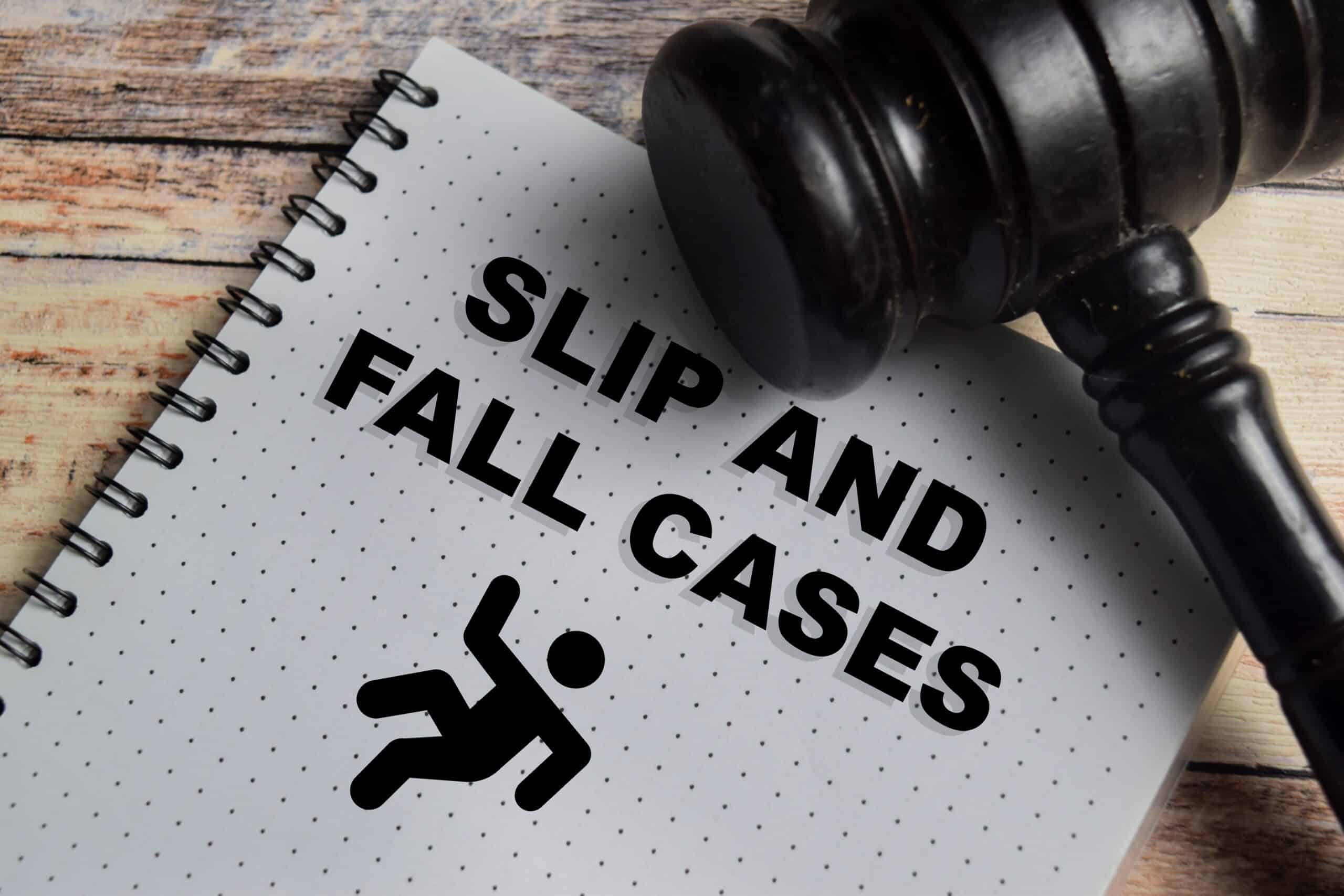 Notepad reading Slip and Fall Cases beside a gavel