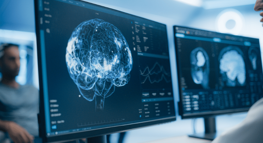 Medical monitors displaying brain scan images