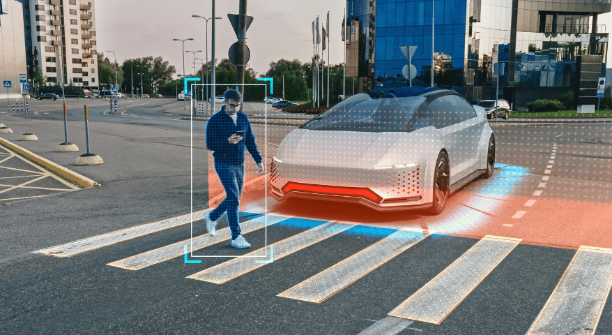 Self-driving car at a crosswalk with a pedestrian and sensor graphics