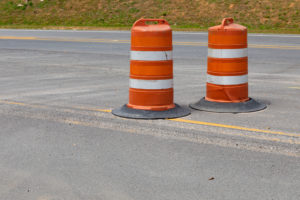road barrels in road work zone