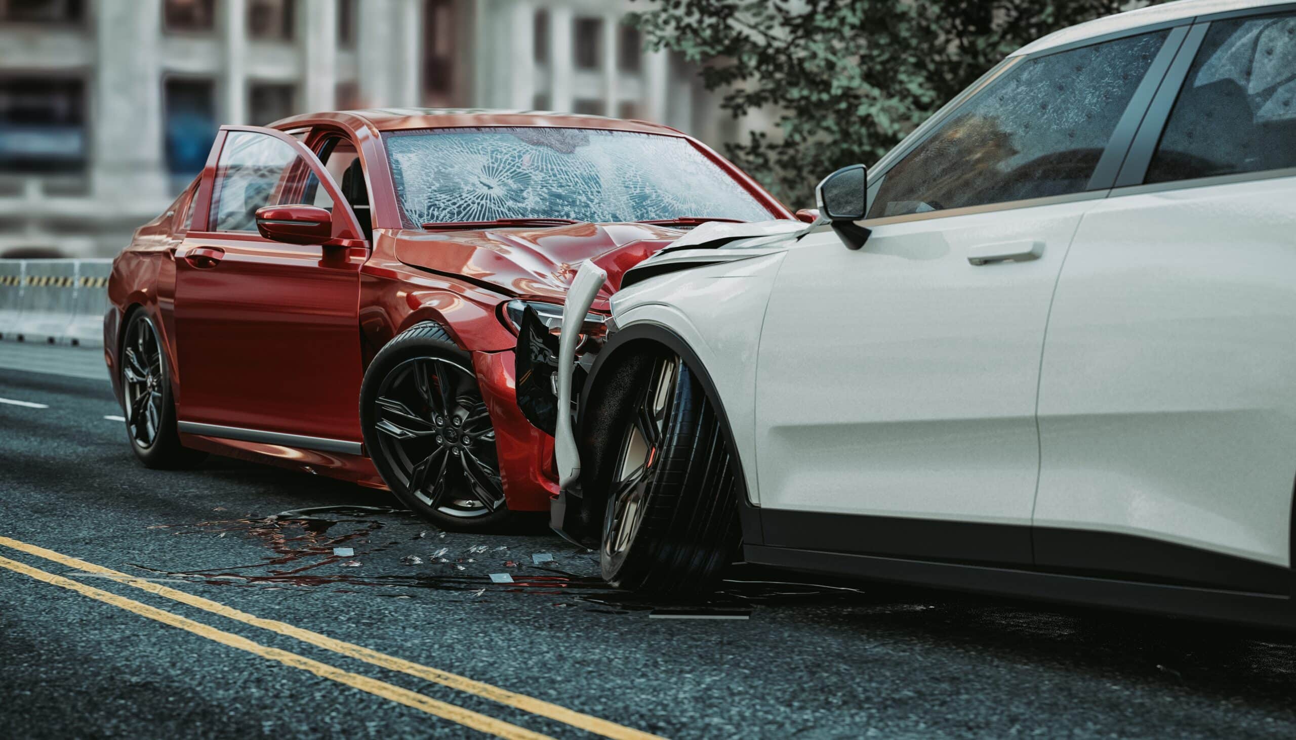 Red car and white car in a side-impact collision on a road