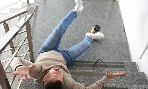 A man yelling and dropping his cup of coffee as he slips and falls down a staircase.