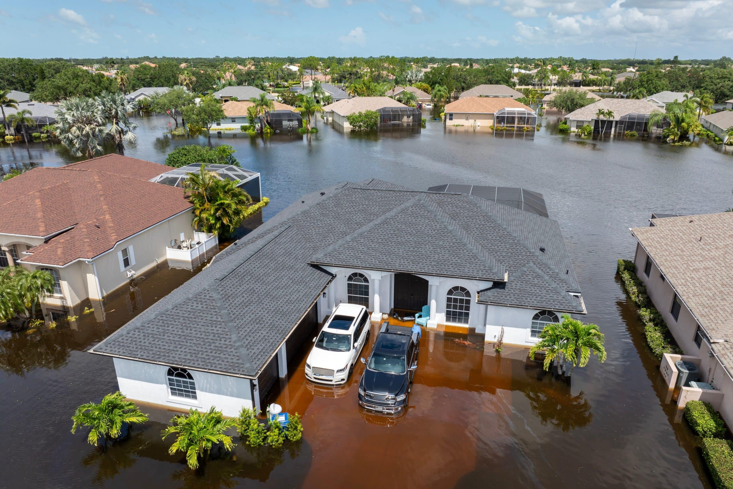 Aerial view of a residential neighborhood flooded after a hurricane