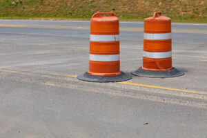 road barrels in road work zone