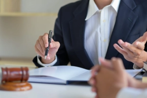 An accident victim speaking in an office with a Bearss Area personal injury lawyer.