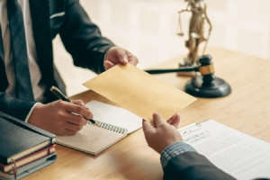 A Citrus Park personal injury lawyer taking an envelope containing documents from his client.