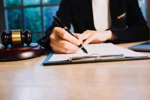 A closeup of the hands of a North Tampa personal injury lawyers working in her office in the evening.