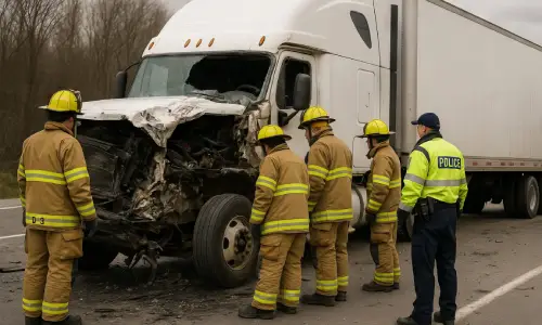A team of firefighters and a police officer stand beside a damaged truck in daylight.