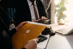 A Pasco County personal injury lawyer and his client in an office going over the value of a claim.