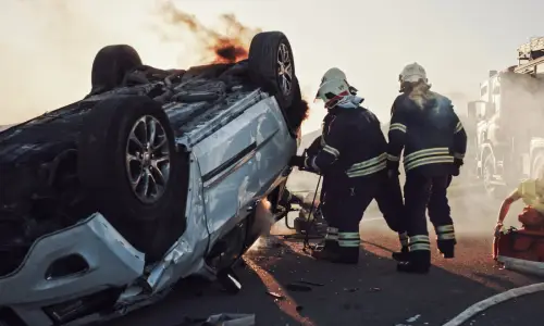 A team of firefighters works to pry open the door of a rolled-over vehicle to rescue injured occupants trapped inside.