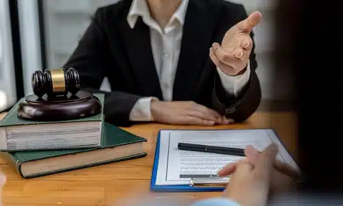 A Riverview drunk driving accident lawyer speaking with a client in an office and helping them with a case.