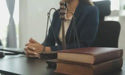 A Riverview hit and run accident lawyer seated behind her desk with hands clasped as she waits for a client.